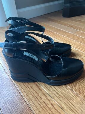 Prada Black Patent Leather Platform Wedge Sandals